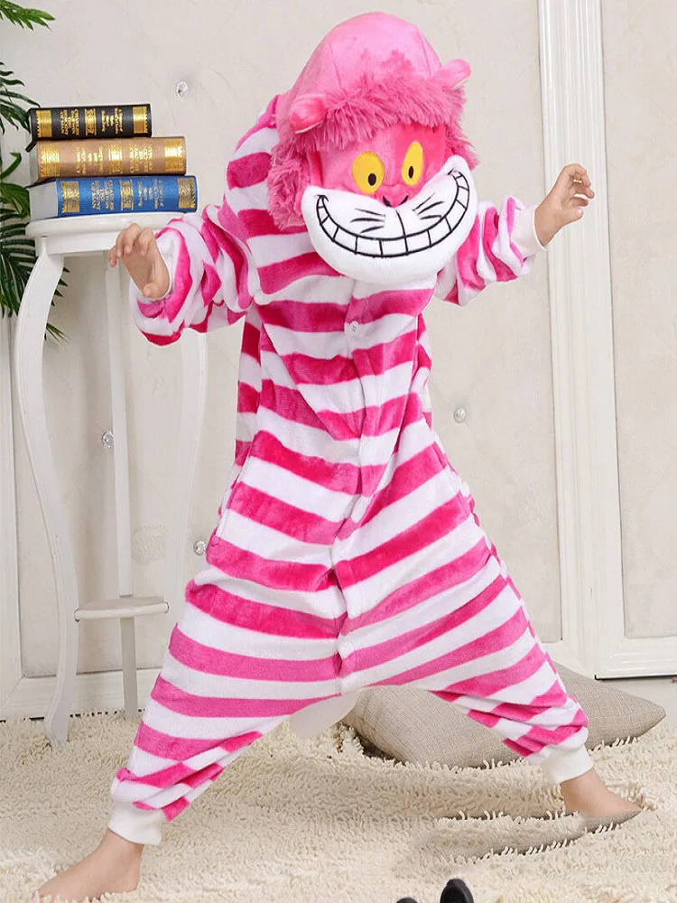 Cheshire Cat Cartoon One-Piece Pajamas Flannel Men and Women  Home Wear Autumn and Winter Home Clothing for Autumn and Winter