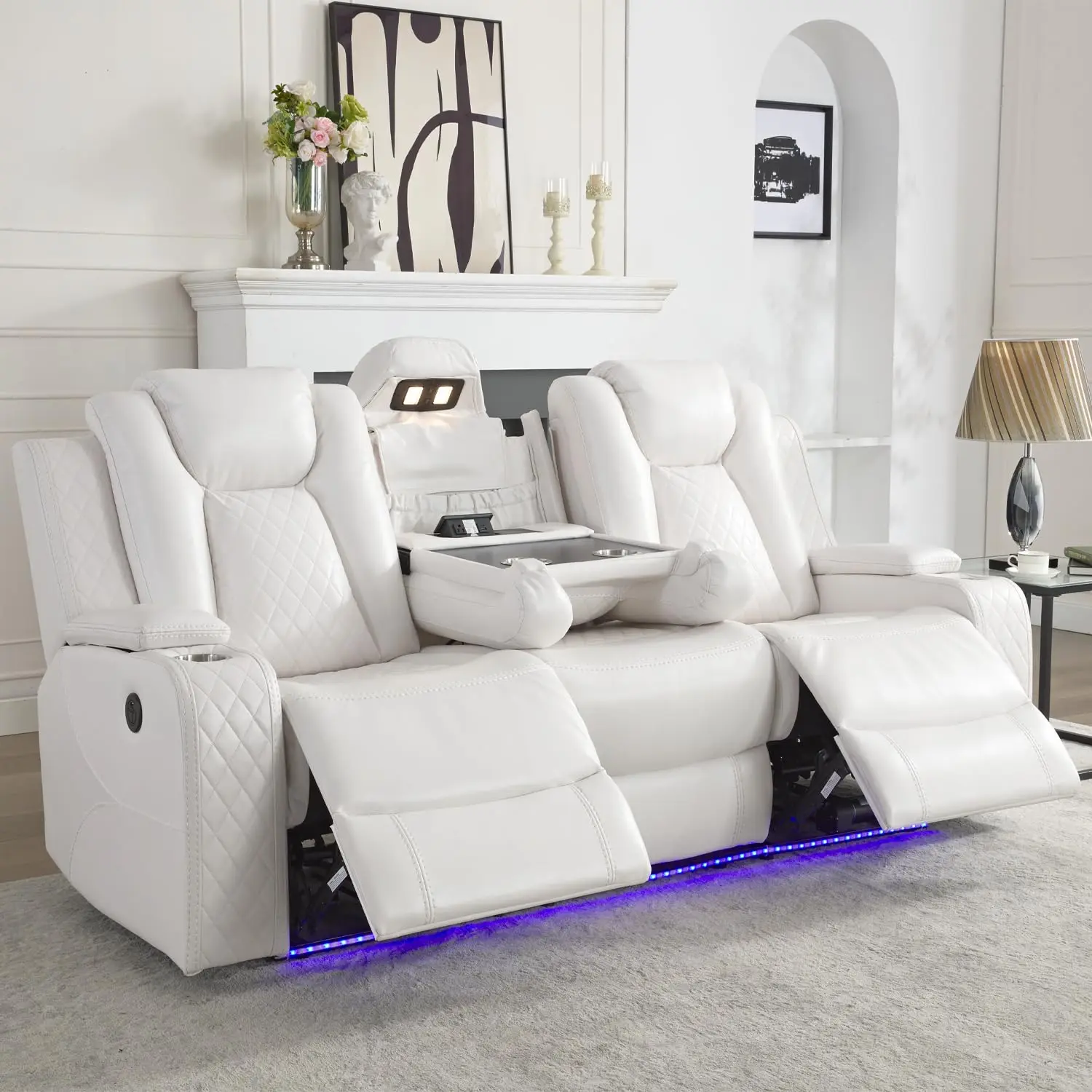 

Power Reclining Sofa Couch with Wireless Charger, 3 Seaters with Recliner with Reading Light, Leather Electric 3, Customized
