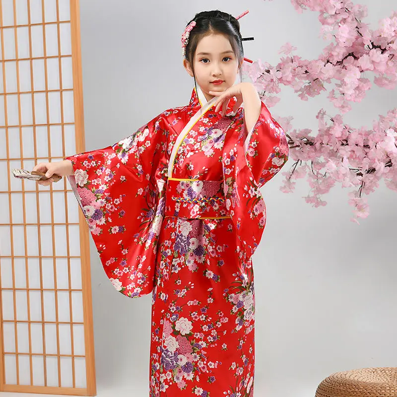 Children's Japanese Kimono Traditional Dress Female Costume Performance Printed Yukata Robe Primary School Students Performance