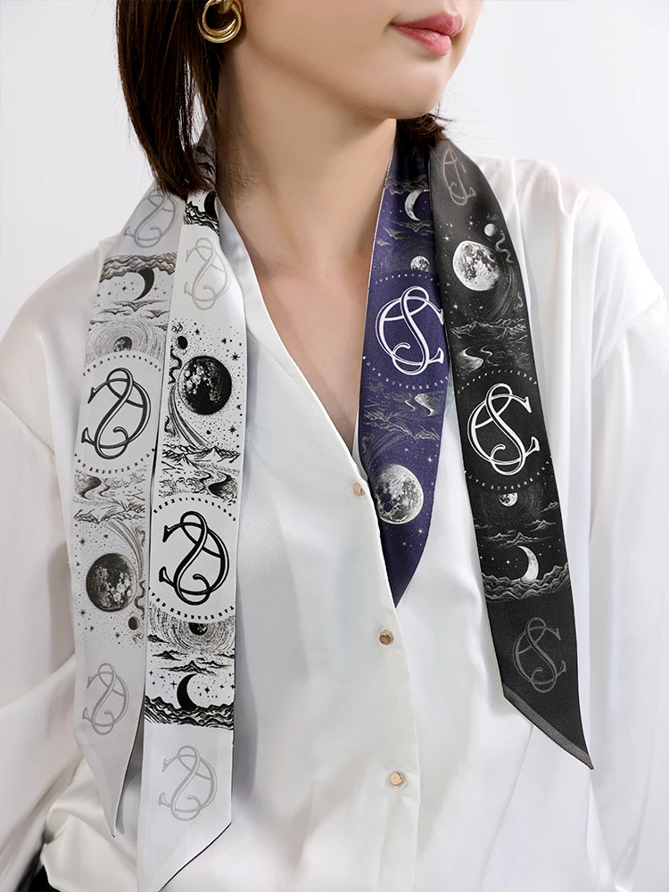 

KALIIYA Original Planet Silk Sash Double-Sided Silk Scarf Women's Black White Grey Versatile Special Edition