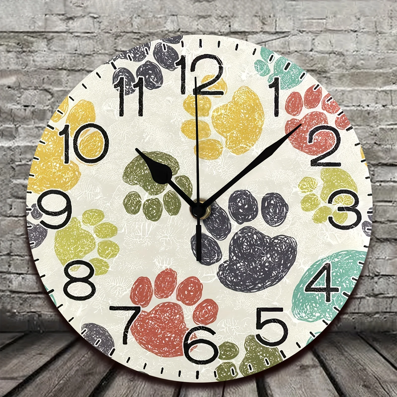 Whimsical Wooden Dog Paw Pattern Round Wall Clock, Battery Operated, Decorative Timepiece for Home, Living Room, Bedroom