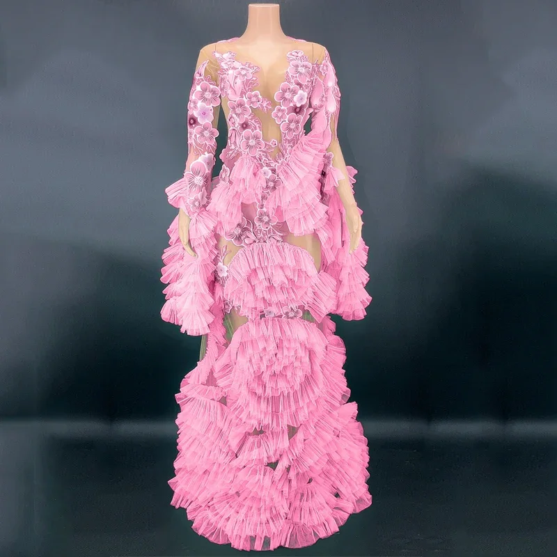 متعدد الألوان لزجة زهرة فستان طويل مثير الشاش زائدة مساء اللباس عيد ميلاد احتفال الزي المرأة المرحلة زي