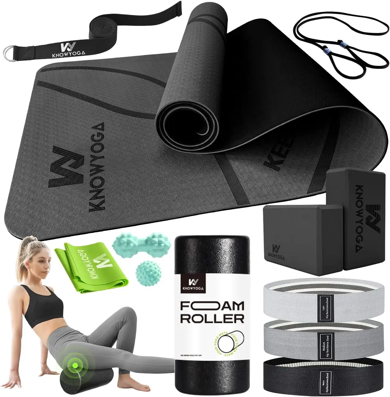 12-in-1 Yoga Starter Kit with Mat, Foam Roller, Resistance Bands, Blocks, Massage Balls for Beginners