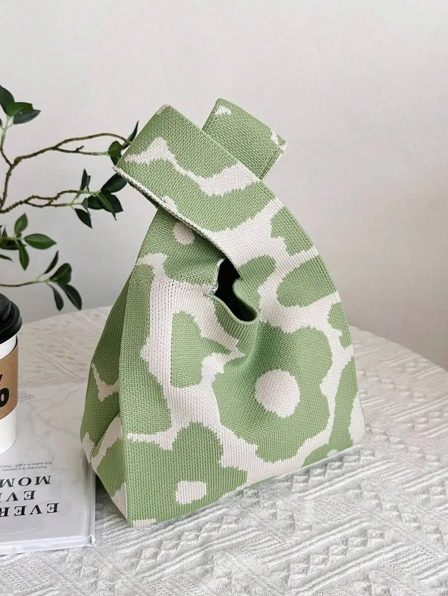 

Зеленая и кремовая вязаная мини-сумка с цветочным узором и верхней ручкой, складная конструкция с открытым верхом для телефона, косметики, книг