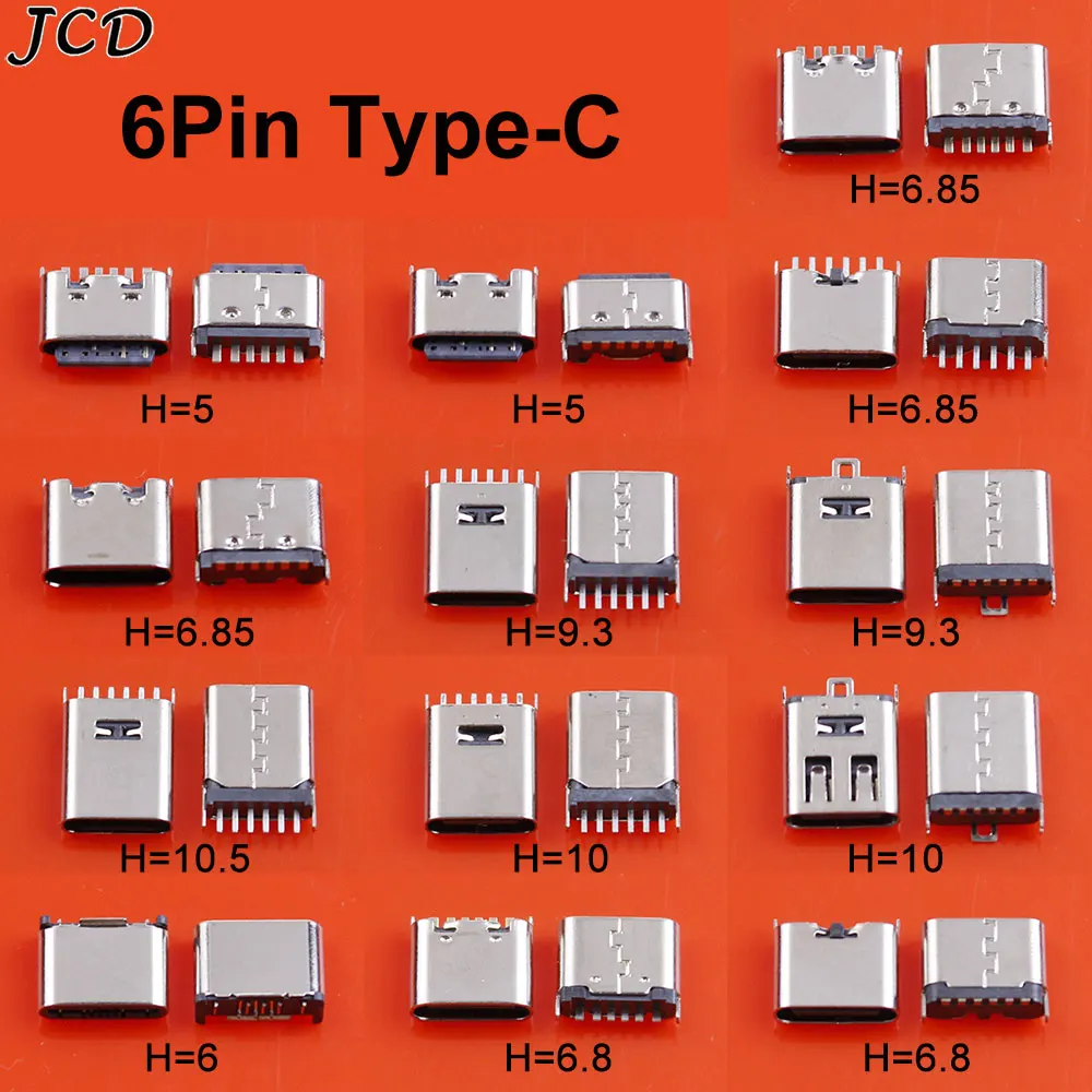 

JCD 10pcs 6Pin Type C Female Socket Connector180 Degree Vertical SMT/DIP Charging Port USB 3.1 Jack Charger Plug