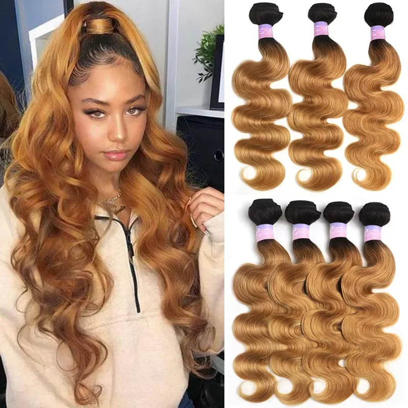 Brazilian Human Hair Bundles 1B/27 Ombre Brown Body Wave Hair Weave Bundles 8-26inch Remy Hair Extension 1/3/4 PCS KEMYHAIR