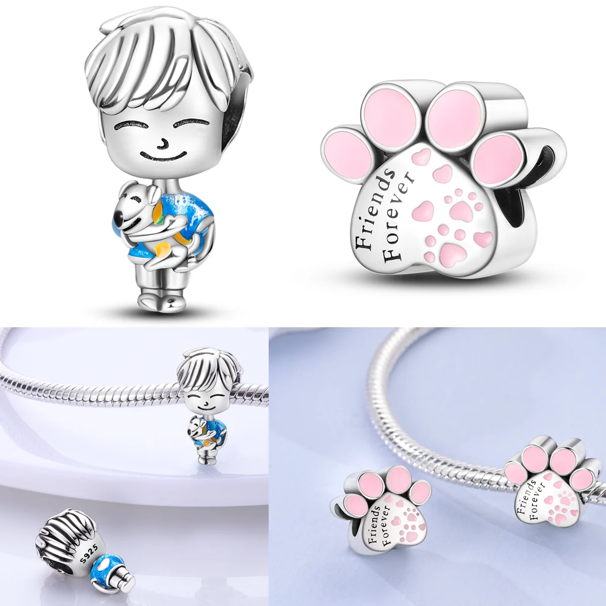 

925 Sterling Silver The Boy Holding Puppy Charms Bead Cute Dog Claw Pendants Fit Original Bracelet DIY Jewelry Gift