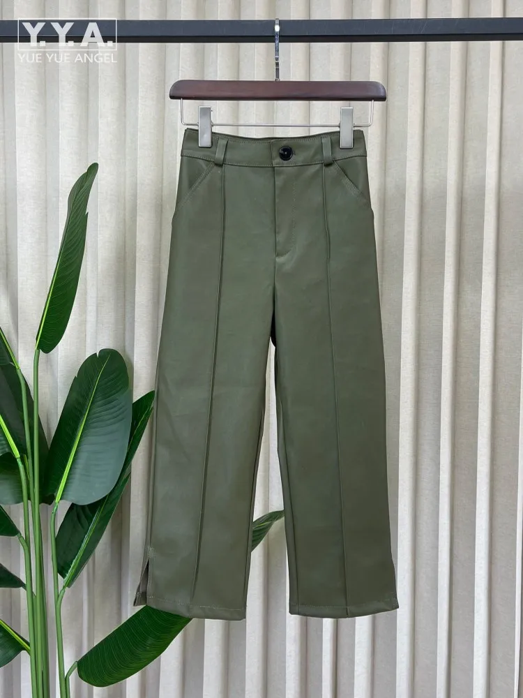 Fashion Women Autumn Genuine Leather Solid Color Pants High Waist Casual Office Lady Wide Leg Trousers Sheepskin Straight Pants