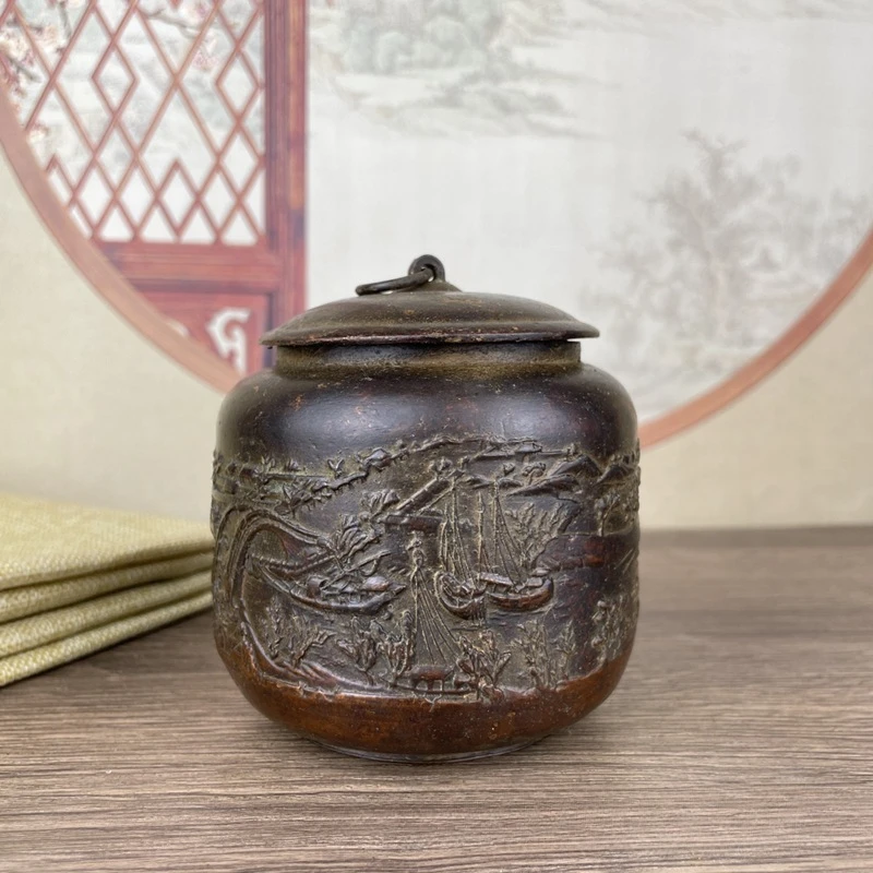 

Chinese Antique Copper Tea Caddy River During The Qingming Festival Pot Statue Home Decoration