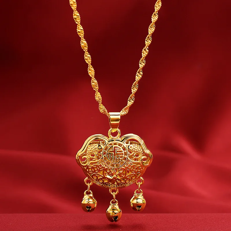 

High-quality AU999 gold necklace for girls Ruyi longevity lock pendant 24K pure gold hollow blessing clavicle chain gift jewelry