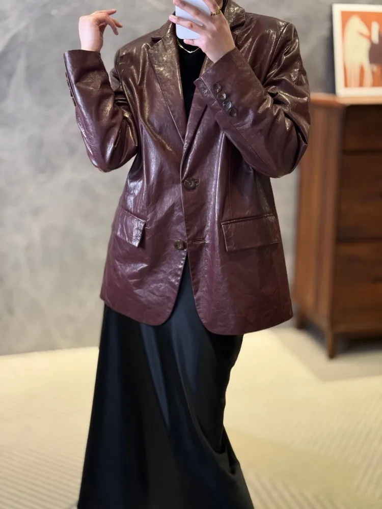 New Luxury Womens Retro Oil Wax Sheepskin Suit Jacket Office Ladies Genuine Leather Casual Blazers Party Outerwear Loose Coat