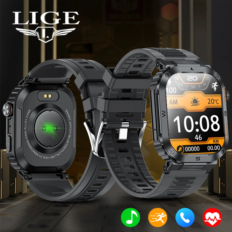 LIGE 2.01 inch HD Screen Smart Watch Outdoor Sports Fitness Tracker lP68 Waterproof Bluetooth Call Smart Watch Men Holiday Gifts