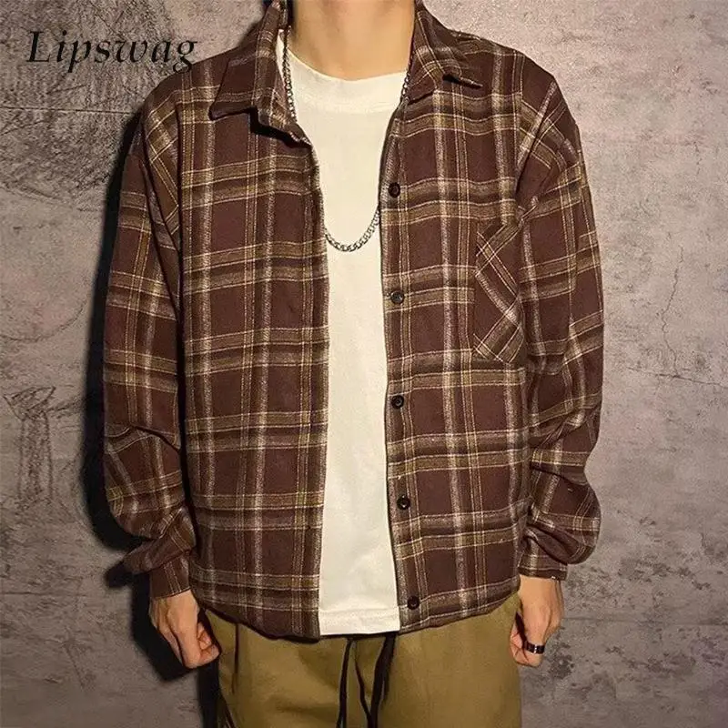 

Мужская рубашка в клетку в стиле Харадзюку, весенняя, винтажная, с длинным рукавом, на пуговицах, с отложным воротником, стильная мужская одежда, топ
