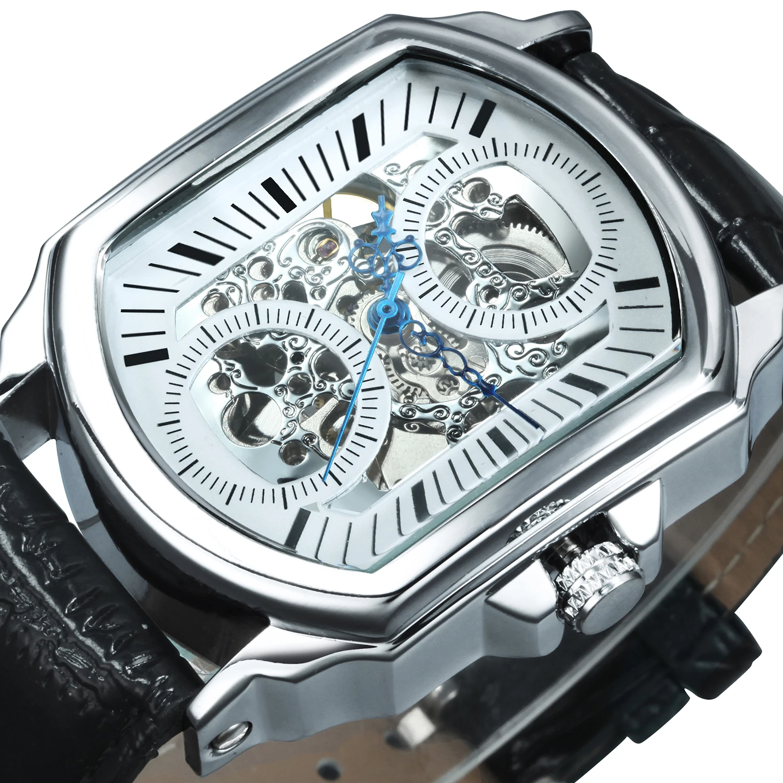WINNER Business Mens Watches Top Brand Luxury Skeleton Automatic Mechanical Watch for Men Blue Pointers Black Leather Strap New