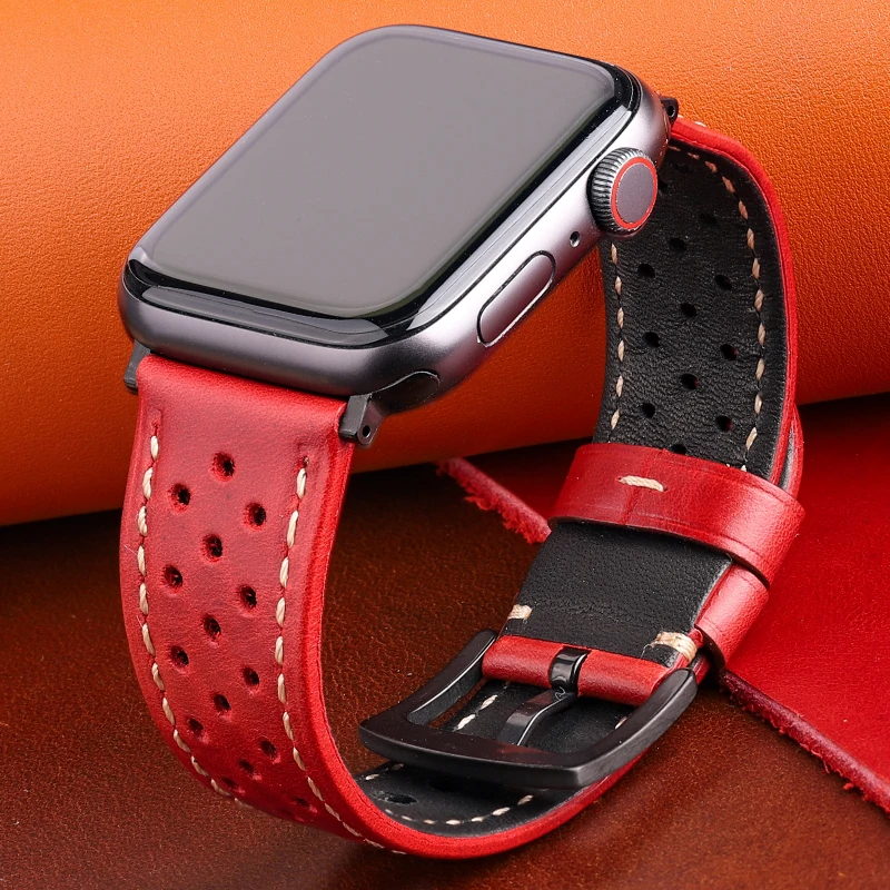 

Genuine Leather Strap For Apple Watch Band 44mm 42mm 40mm 38mm Se Series 6 5 4 3 2 1 Women Men Breathable Cowhide Blet Watchband