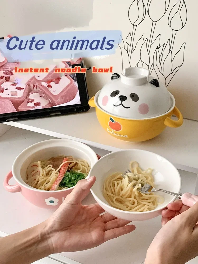 Ceramic Instant Noodles Bowl with Lid, Cute Girl Heart Soup Bowl, Rice Bowl, High Beauty Household Double Ear Handle Bowl