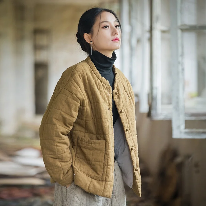 

Свободный крой Long Sve Cotton Jaet Художественная льняная смесь хлопка Thiened Осень-зима Женское модное повседневное пальто