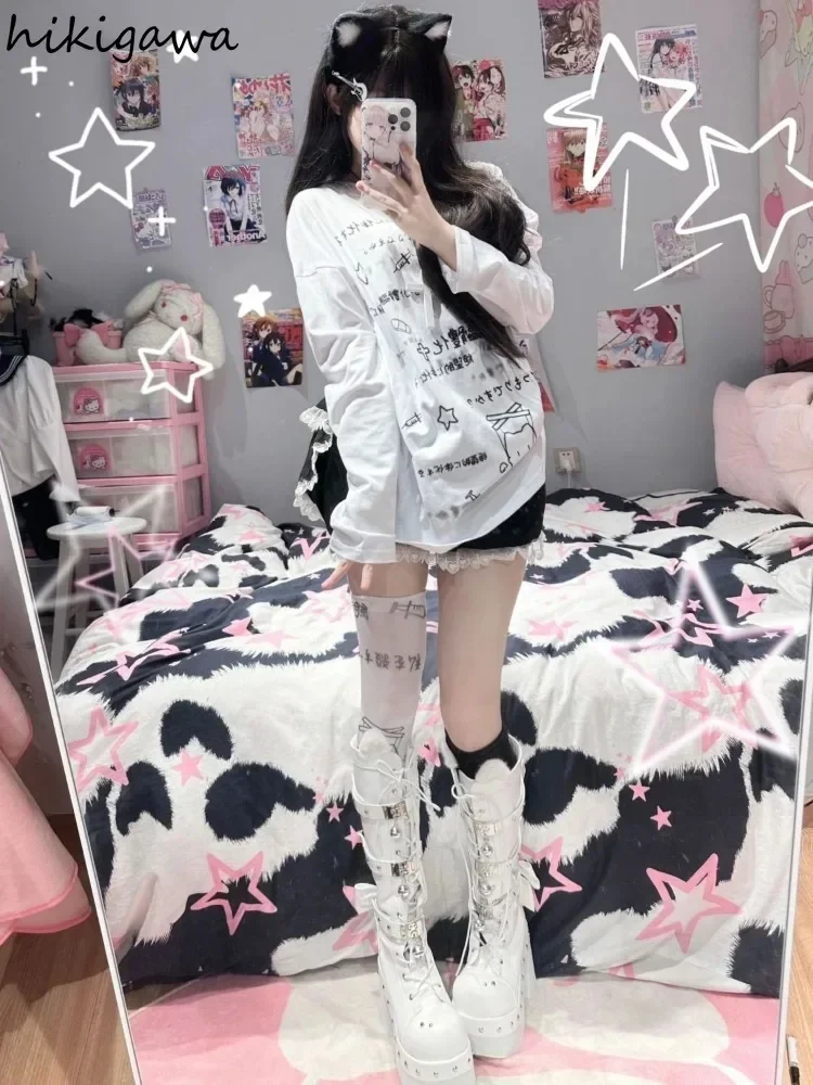Camisetas japonesas para Mujer, Ropa de Mujer de gran tamaño, camisetas informales de manga larga, Ropa bonita con estampado de letras a la moda,