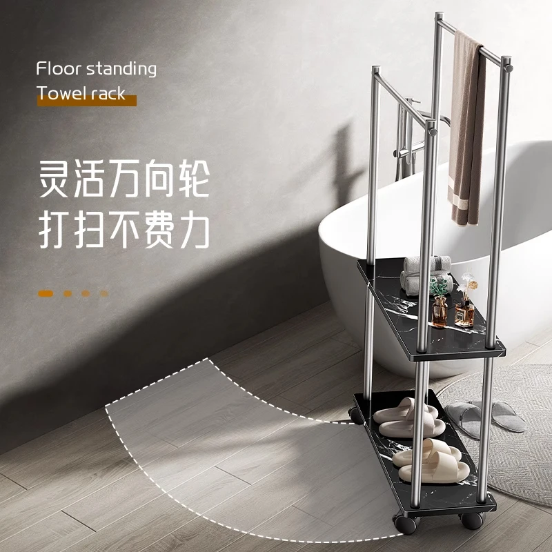 

Solid gun gray floor marble towel rack Bath towel Mobile drying rack Villa towel rack Double bar