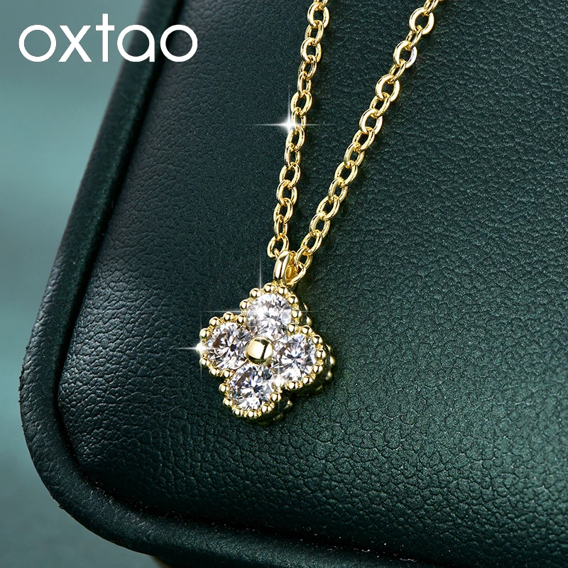 OXTAO Four-leaf Flower Moissanite Pendant Necklace with Certified 14K Gold Filled Charm Necklace 3mm D Color Women Jewelry Gifts