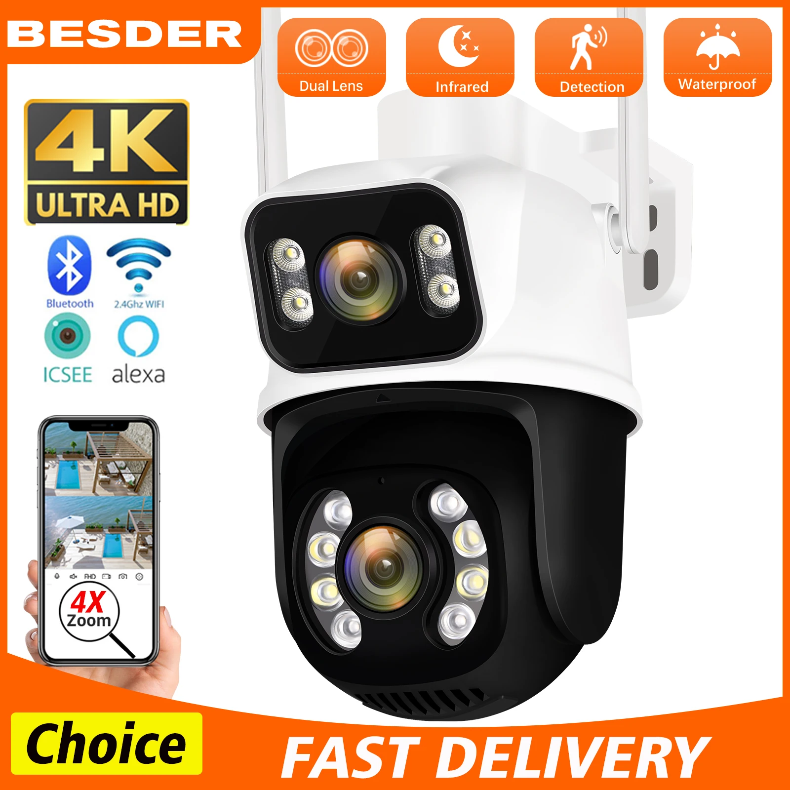 besder camera de vigilancia cctv ao ar livre a prova dagua tela dupla visao noturna colorida 8mp 4k wifi ip66 onvif icsee 01