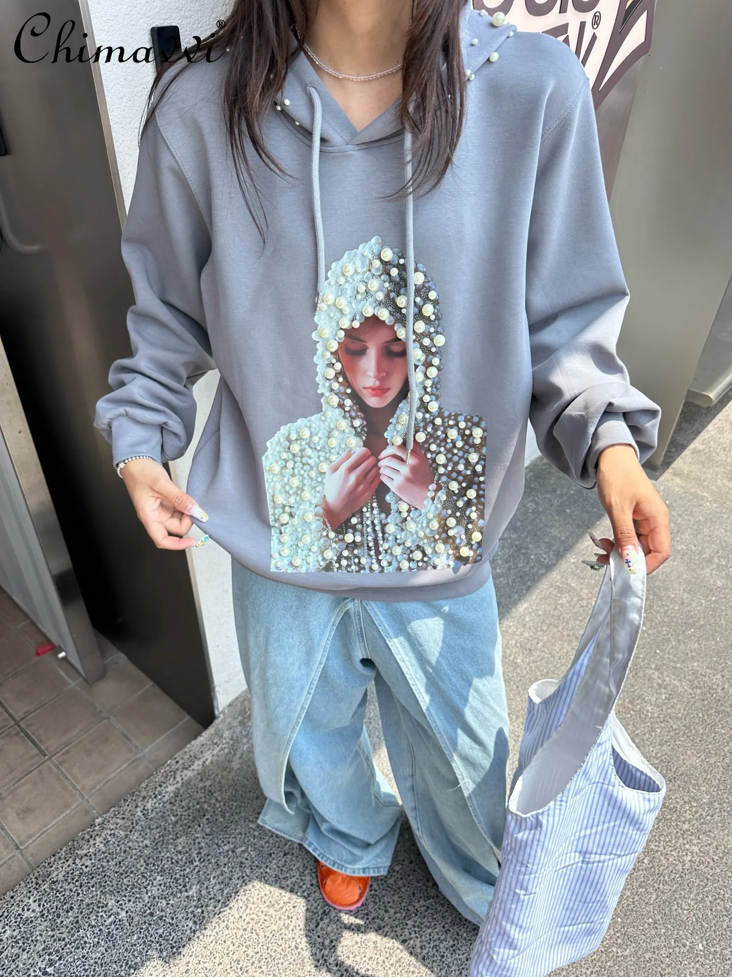 

Heavy Beaded Women's Character Print Hooded Sweatshirt New Autumn Clothes Fashion Long Sleeve Loose Streetwear Pullover Tops