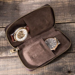 Rustic Leather 2-Slot Watch Box Luxury with Zipper Portable Bag Holds Watches Brown Watch Bag