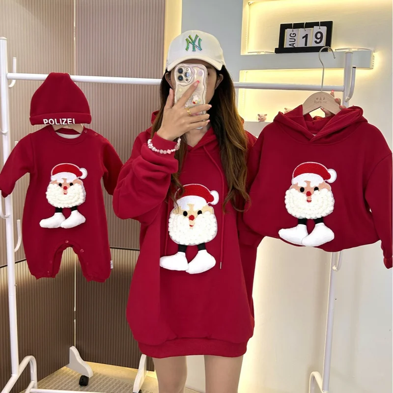 Christmas Family of Four Hoodies Baby Romper for Father Mother Daughter Son Clothing Adult Kids Plus Velvet Hooded Sweatshirt