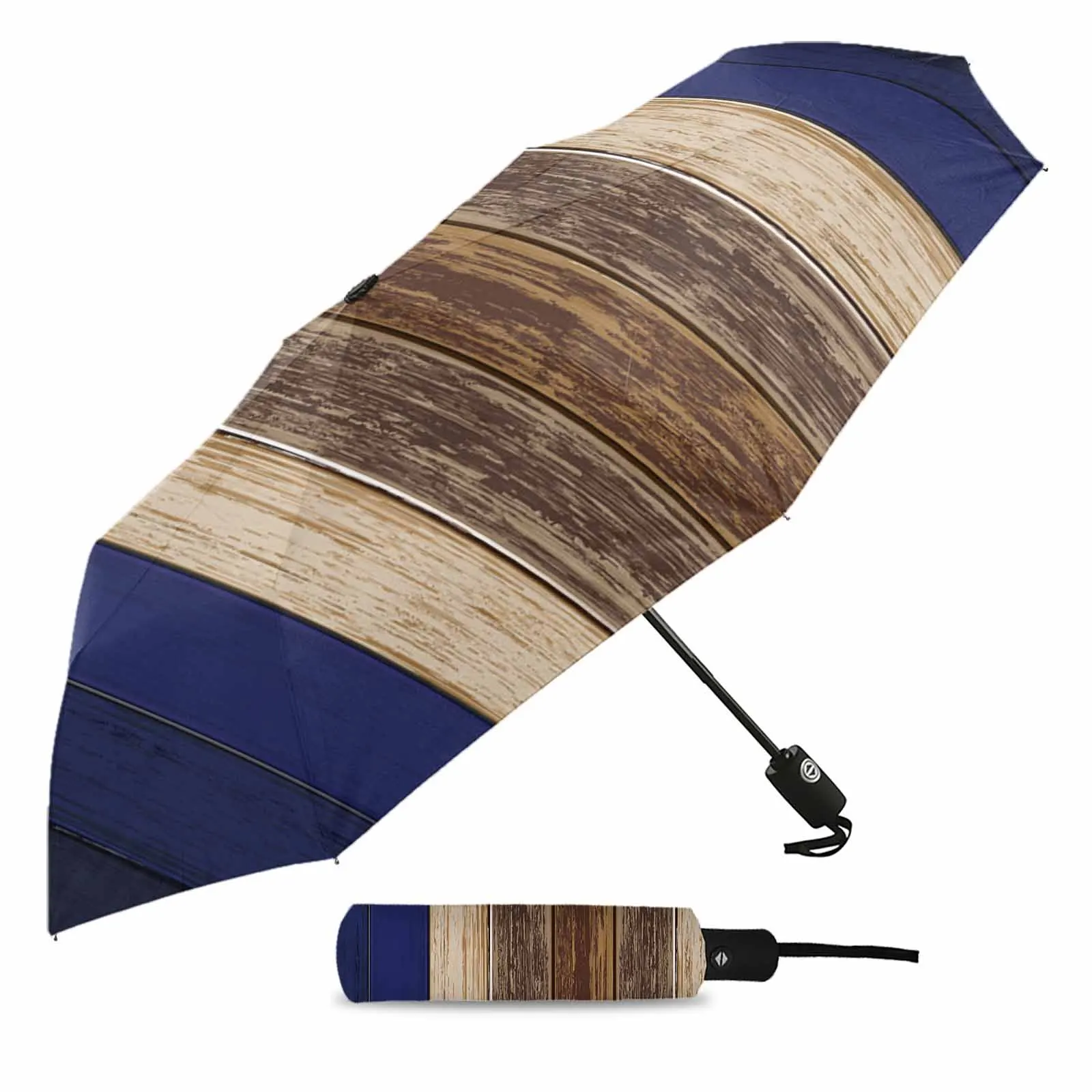 Navy Blue Retro Wood Grain Flower Automatic Umbrella for Rain Foldable Parasol Umbrella Eight strand Outdoor Umbrellas