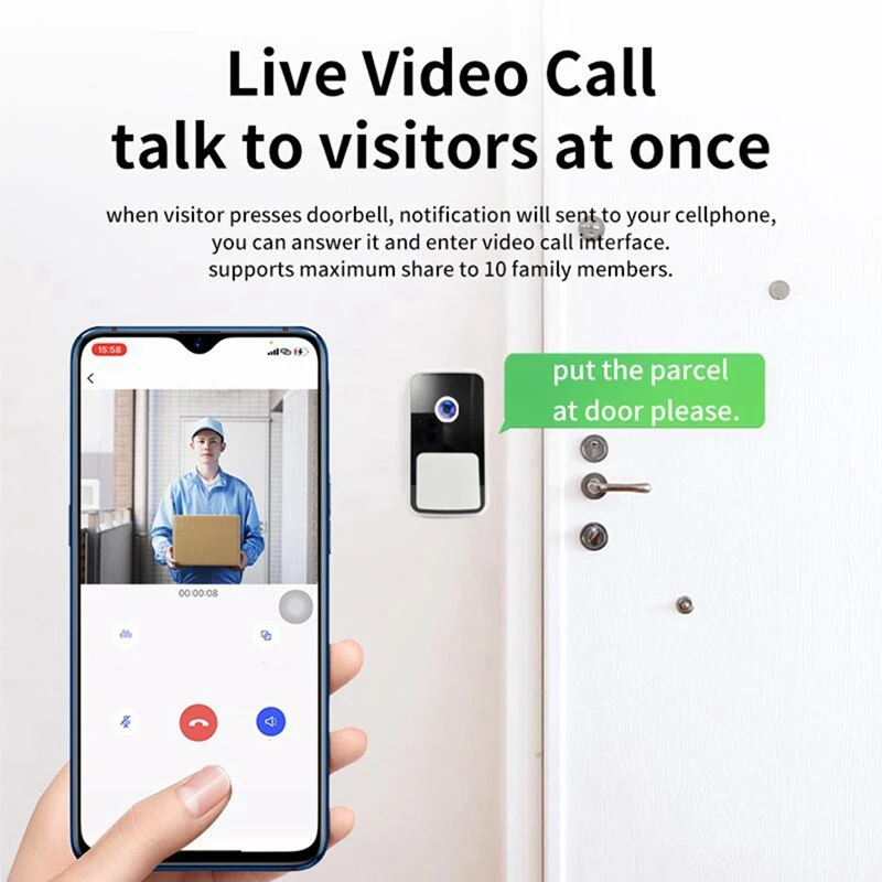 Timbre inteligente inalámbrico con Wifi, dispositivo de protección para el hogar con vídeo y teléfono remoto, cámara de visión nocturna, plástico blanco