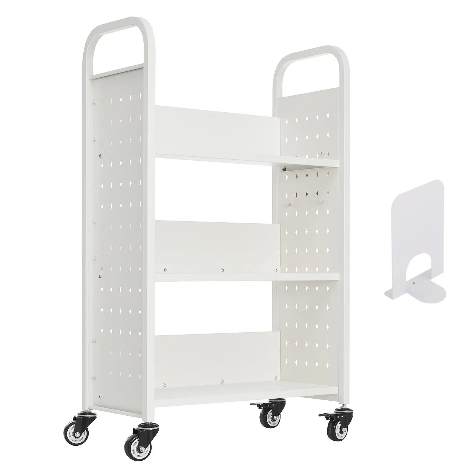 Rolling Library Book Cart, 330 lbs Capacity, 30.3 x 15 x 48.0-Inch Library Cart, Single Sided L-Shaped Shelves with 3-Inch Locka