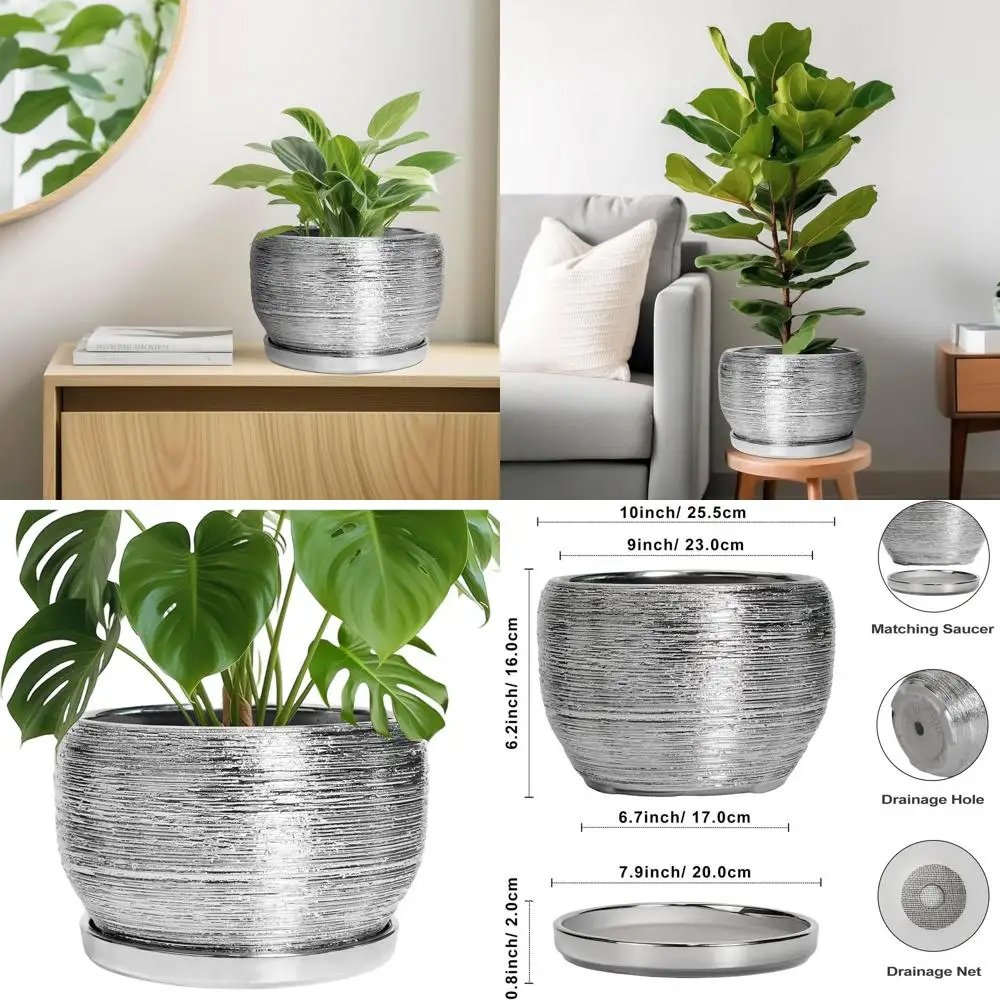 

10-дюймовое круглое кашпо для дома и улицы с дренажем и поддоном, серебристое декоративное горшок для кухни и подарков на новоселье