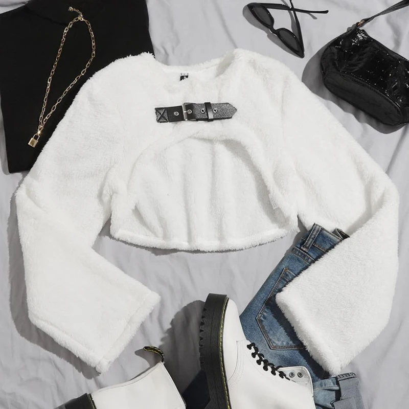 

Autumn Winter Lambs Wool Jackets Women Long Sleeve Short Coats Round Neck Belt White Crop Tops Elegant Clothes jaqueta feminina