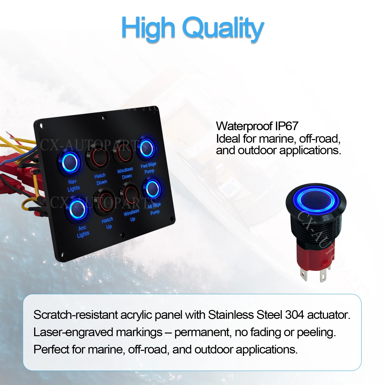 12V 8-Way Waterproof Marine Switch Panel Boat Acrylic Dash Plate for Bilge Pump Nav Anc Windlass Hatch Up Down