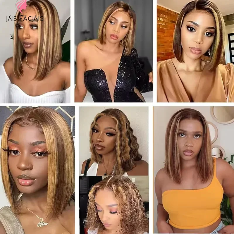 INS FACIN-Perruque Bob Lace Front Wig 4/27 Naturelle Remy, Cheveux Courts Lisses, 4x4, Densité 180%, pour Femme Africaine