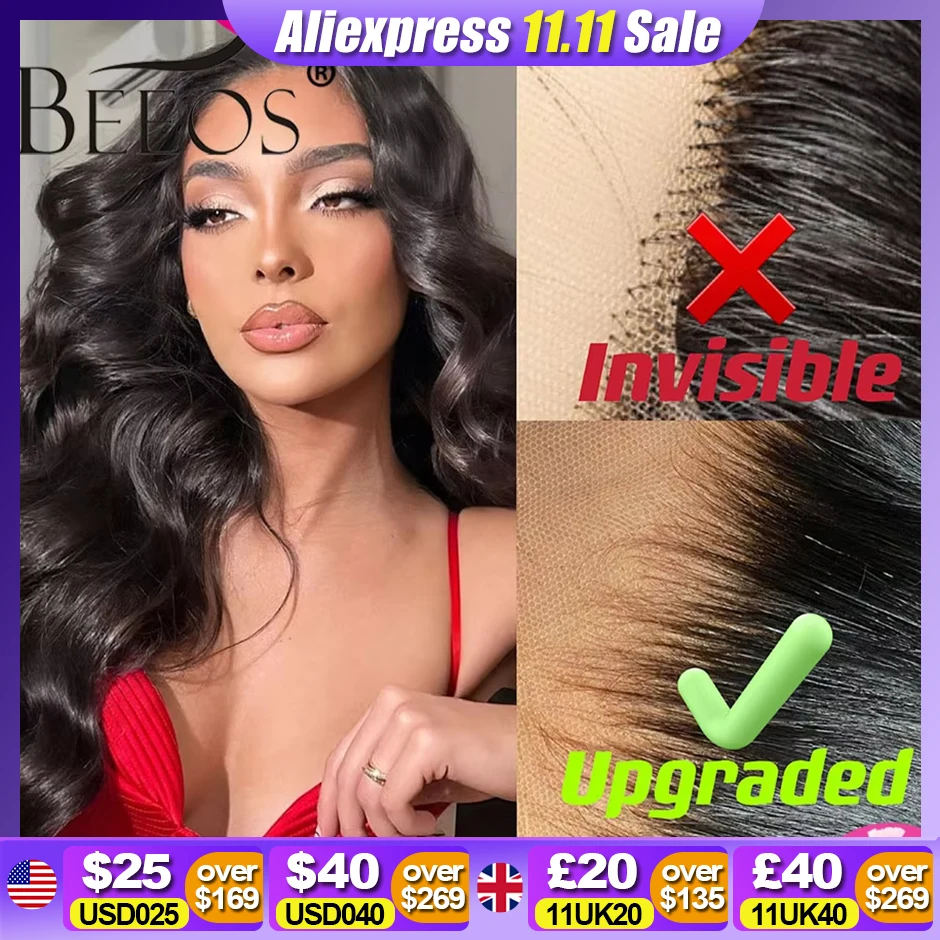 BEEOS Glueless Upgraded 2.0 Tiny Knots 13x6 Human Hair Lace Frontal Wig Bye Bye Knots 34 inch 250% 13x4 5x5 HD Lace Closure Wig