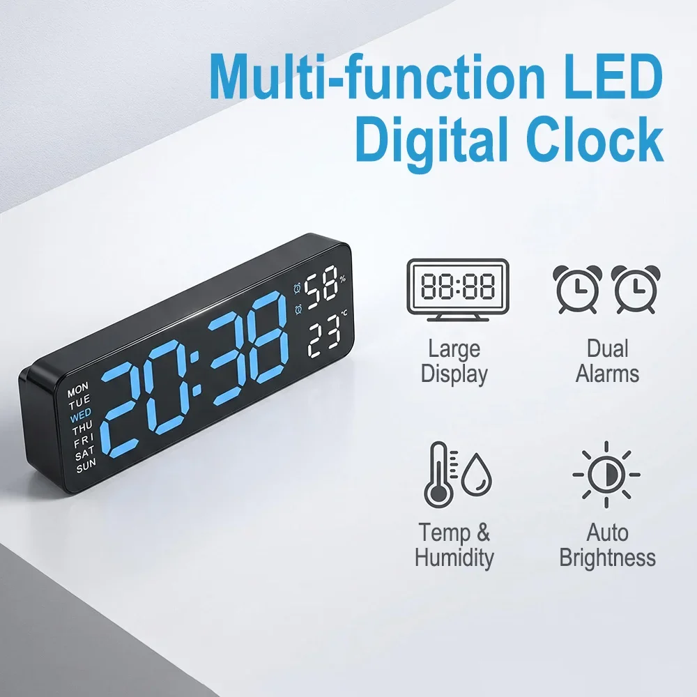 USB Smart Mute LED Digital Clock Minimalist Electronic Wall Desk Clock Night Light Alarm Clock Thermometer Home Room Decor