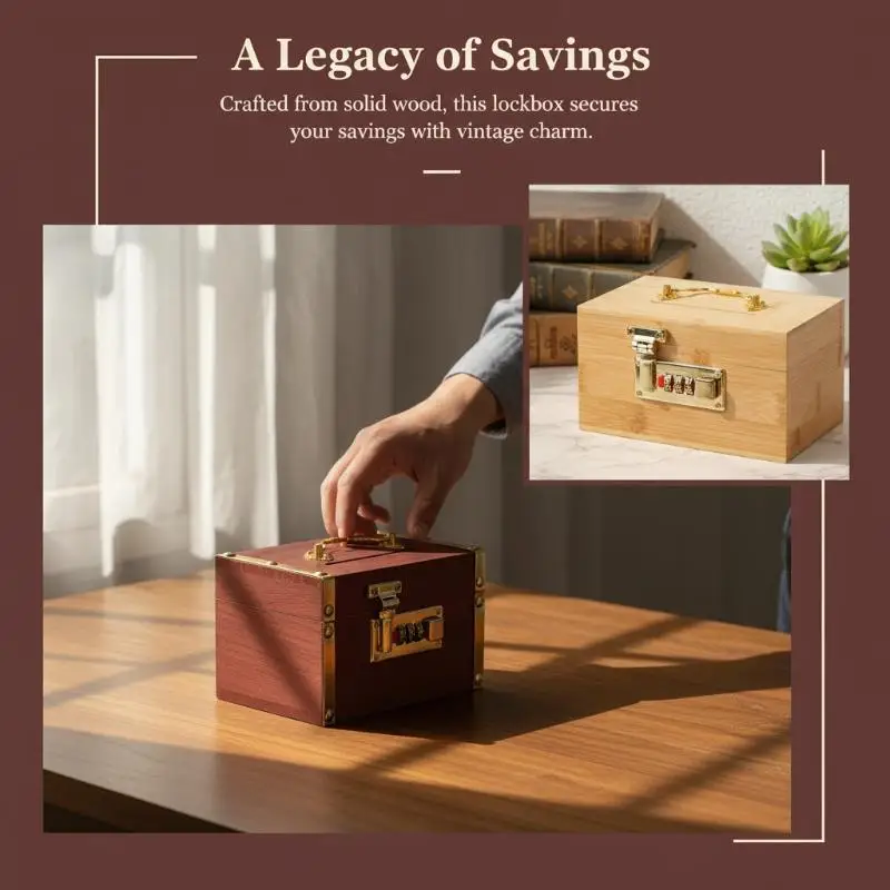 Combination Lock Wooden Piggy Bank Savings Treasure Box with 3 Digit Code Secure Small Safe for Kids Money Storage Box Home