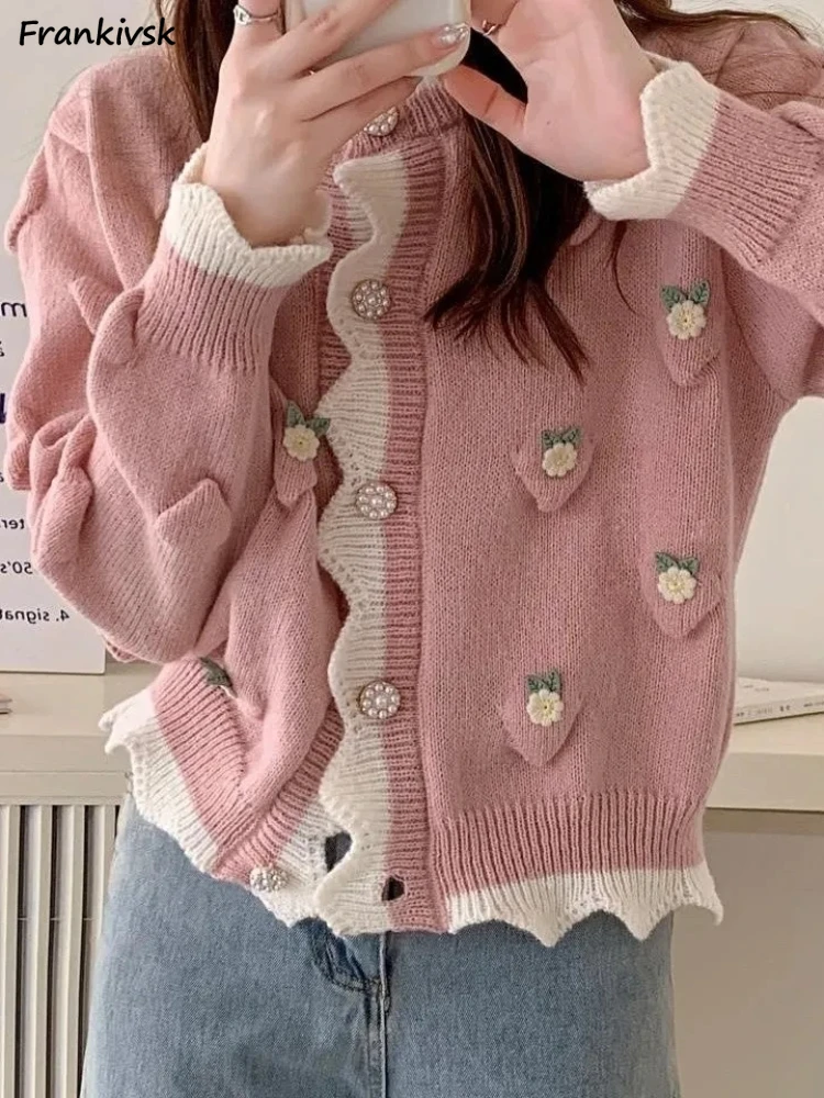 

Cardigan Women Knitted Flower Sweet Elegant Irregular Collar Autumn Button Outerwear Festival Ins Long Sleeve Clothing College