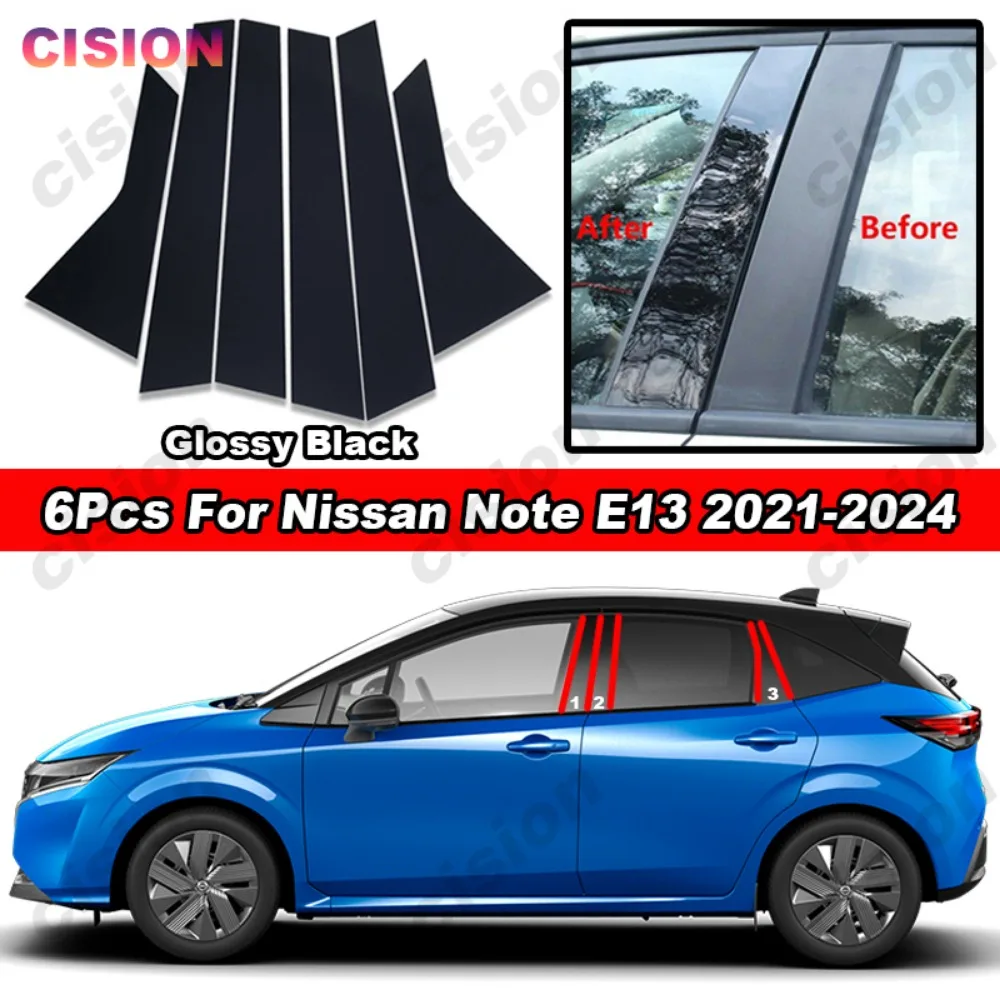 Carbon Fiber Chrome Black Door Window Center Middle Column BC Pillar Post Mirror Effect Cover Trim For Nissan Note E13 2021-2024