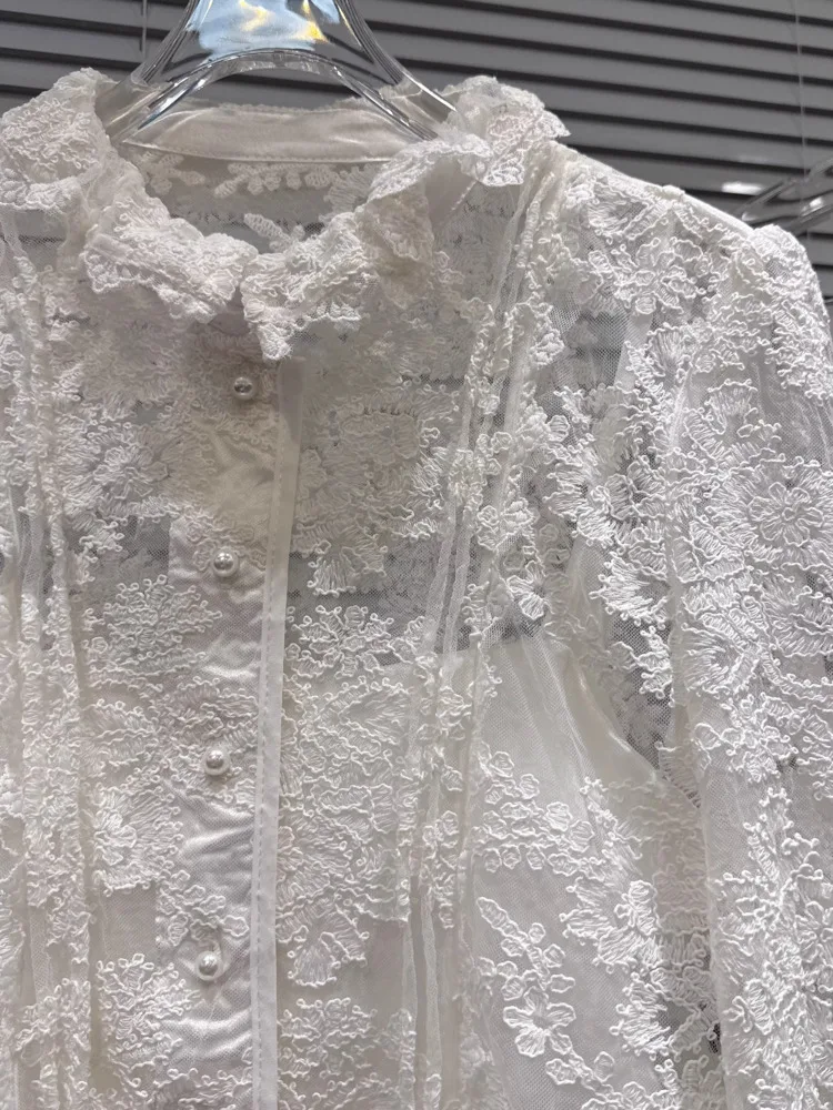 DFDG レディース 春 白 レース ツーピースセット 長袖ブラウス スパンコールスカート フォーマルウェア 2025 トレンド フェミニンファッション 衣装セット