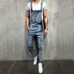 Men Stylish Slim Biker Jeans Bib Overalls Jumpsuits jeans Man Streetwear Casual Stretch Ripped Dungarees Male Strap Jeans