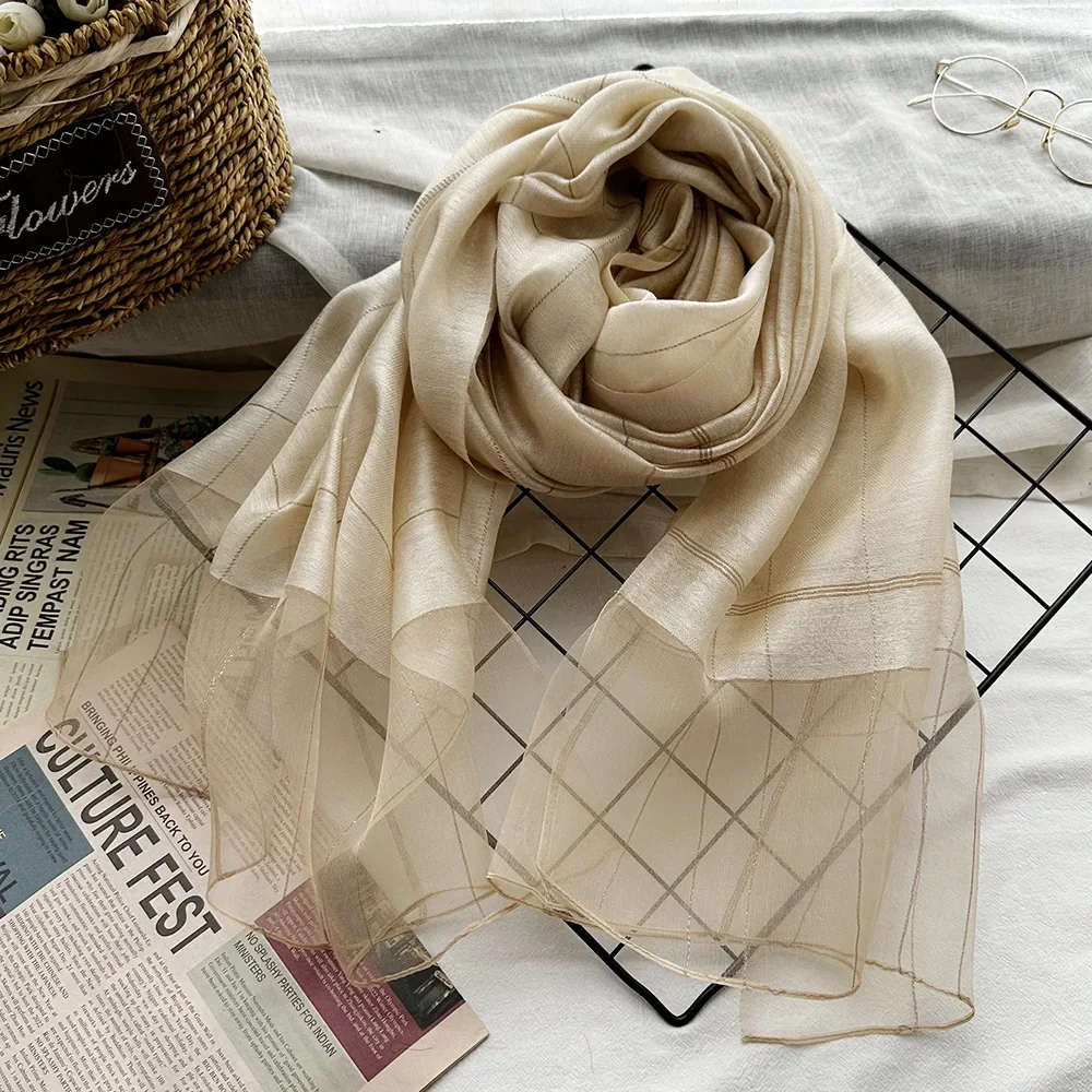 New Checkered Silk Wool Scarf Gold Thread Elegant Silk Scarf Women\'s Solid Sunscreen Shawl