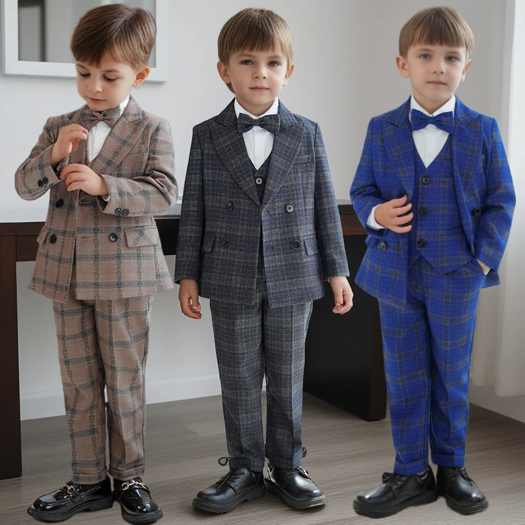 

Boys Plaid Suit Set Fall Winter Child Birthday Photography Outfit Flower Boy Wedding Tuxedo Kids Piano Performance Formal Attire