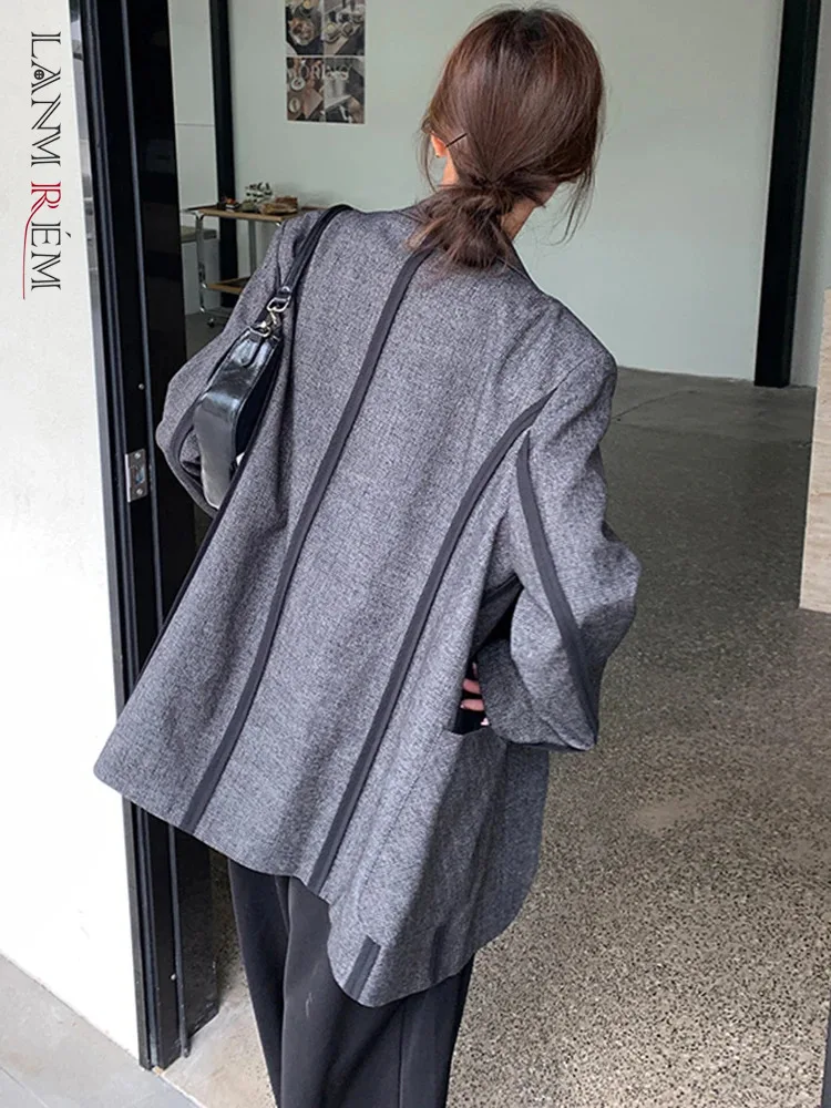 LANMREM Casual Blazer Women Notched Long Sleeves Patchwork Single Button Loose Coat Versatile 2024 Female New Clothing 2DA5901