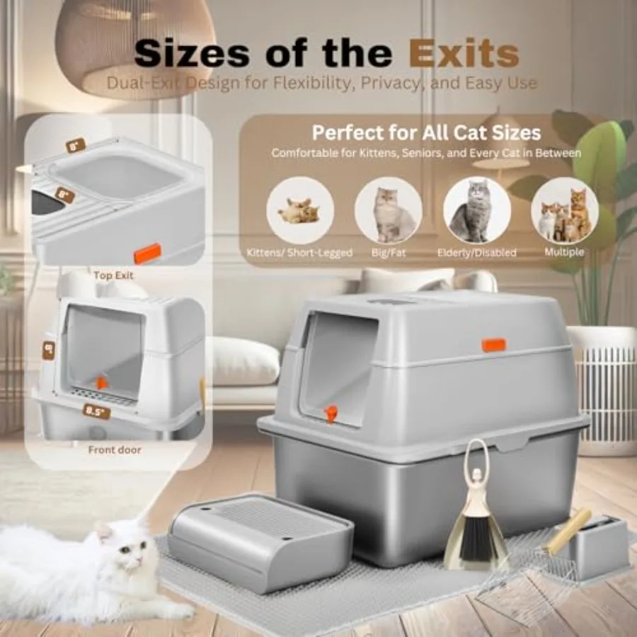 XXL Stainless Steel Sifting Litter Box with Lid, Fully Enclosed 8 Deep Metal Cat Litter Box, Leak-Proof, for Pine Pellets or No view 4
