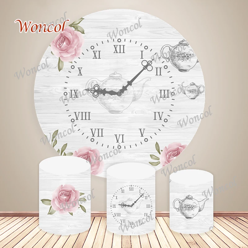 

Alice in Wonderland Clock Round Cover Child Birthday Baby Shower Backdrop Round&Cylinder Cover Photo Background