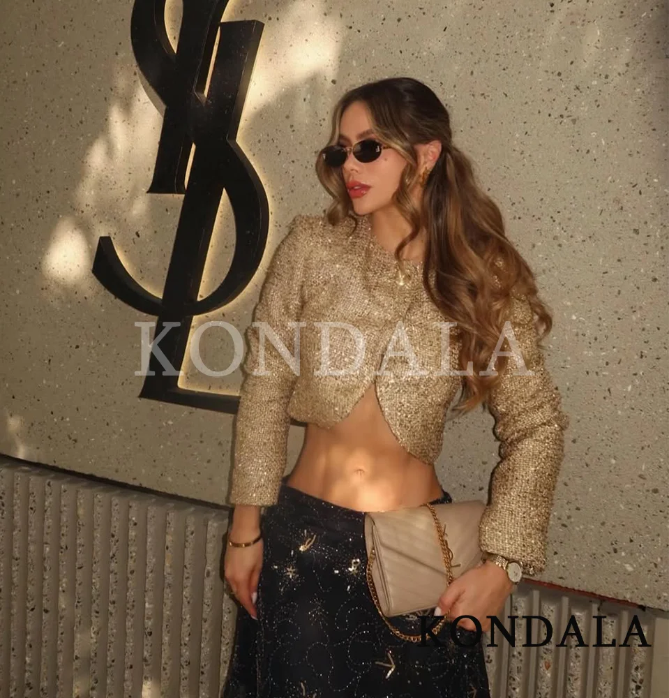 KONDALA Gold Pailletten Kurze Jacke Frauen Elegante Abend Single Button Jacke 2025, Mode High Street Luxus Dame Party Jacke