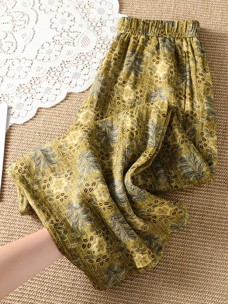Elegant Vintage Yellow Floral Print Wide Leg Pants Women's Summer Thin Elastic Waist Slimming Casual Nine-Piece Pants