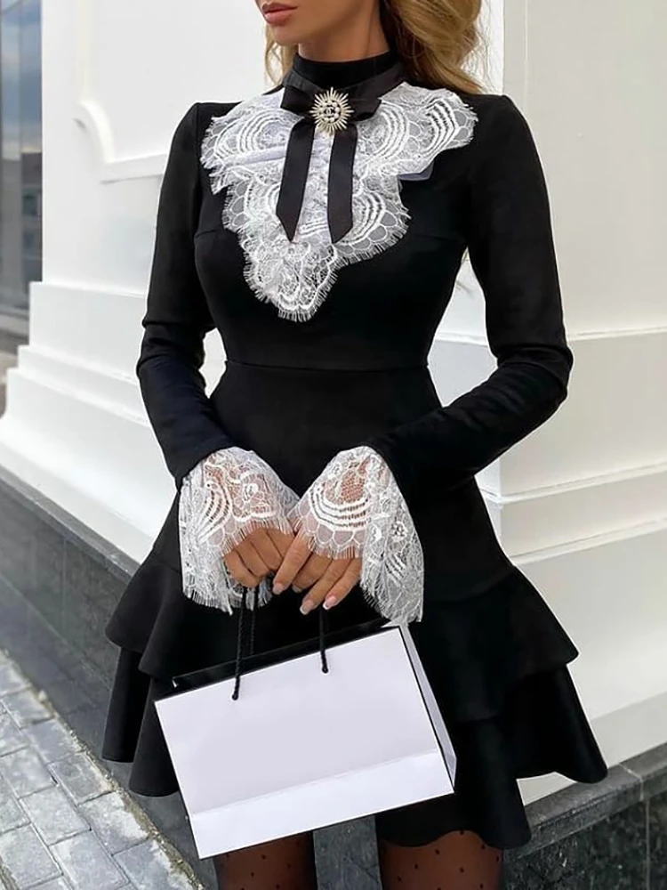 

Fashion Elegant Sexy Long Sleeve Lace Bell Sleeve Ruffle Dress Women 2023 OL Classic Romantic Patchwork Mini Dress y2k Clothes